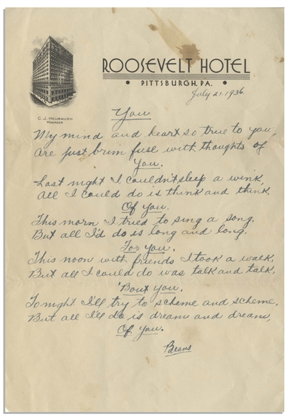 Moe Howard Handwritten Poem Signed ''Beans'' to His Wife, Entitled ''You'' -- Written July 1936 on Roosevelt Hotel Stationery in Pittsburgh -- 7.25'' x 10.5'' -- Staining at Top, Overall Very Good